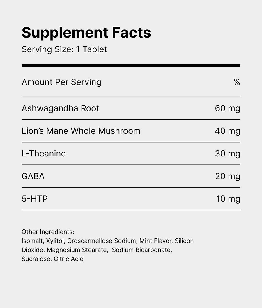iLLPiLL MicroDose Calm supplement facts label listing per-tablet amounts of ashwagandha root, lion's mane mushroom, L-theanine, GABA and 5-HTP