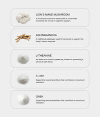 iLLPiLL MicroDose Calm ingredient benefits chart describing lion's mane, ashwagandha, L-theanine, 5-HTP and GABA for stress, focus and calm