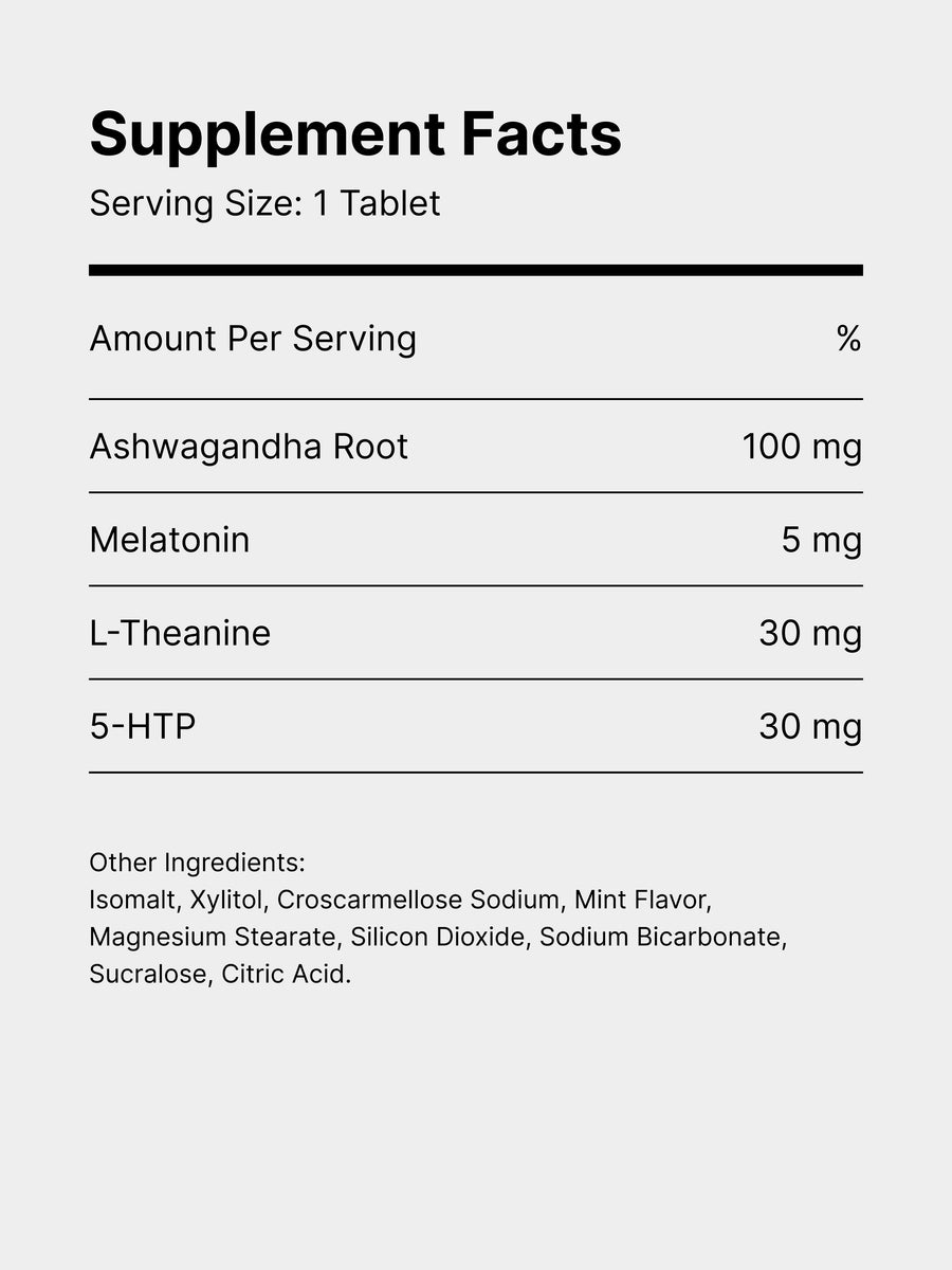 iLLPiLL MicroDose Sleep supplement facts label listing per-tablet amounts of ashwagandha root, melatonin, L-theanine and 5-HTP