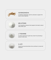iLLPiLL MicroDose Sleep ingredient benefits chart describing ashwagandha, melatonin, L-theanine and 5-HTP for stress, sleep and calm
