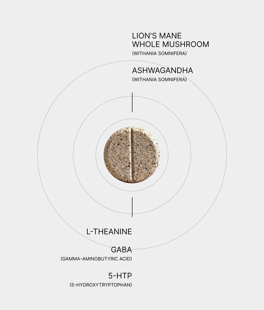 iLLPiLL MicroDose Calm tablet diagram showing key ingredients: lion's mane mushroom, ashwagandha, L-theanine, GABA and 5-HTP