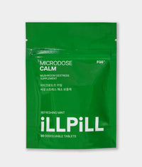 iLLPiLL MicroDose Calm refreshing mint mushroom de-stress supplement, front of 30-tablet green package