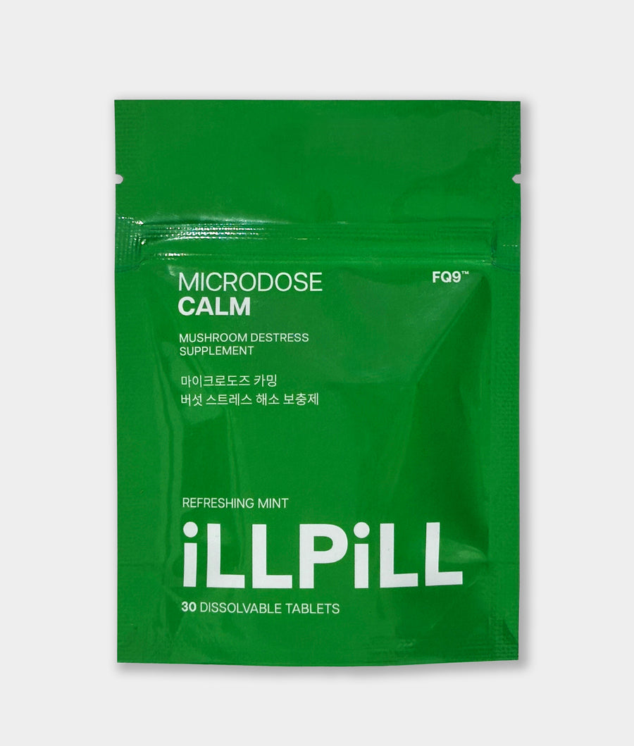 iLLPiLL MicroDose Calm refreshing mint mushroom de-stress supplement, front of 30-tablet green package