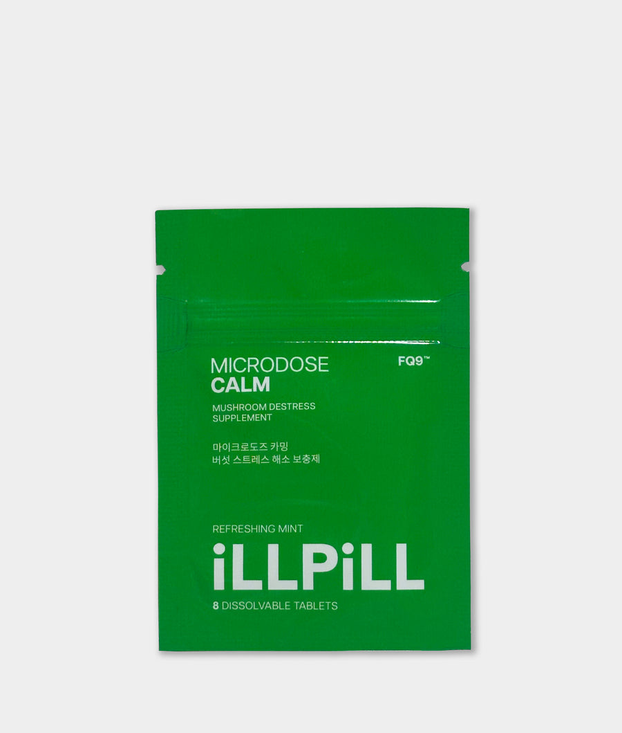 iLLPiLL MicroDose Calm refreshing mint mushroom de-stress supplement, front of 8-tablet green package