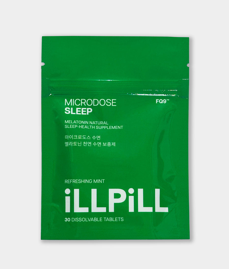 iLLPiLL MicroDose Sleep refreshing mint melatonin supplement, front of 30-tablet green package